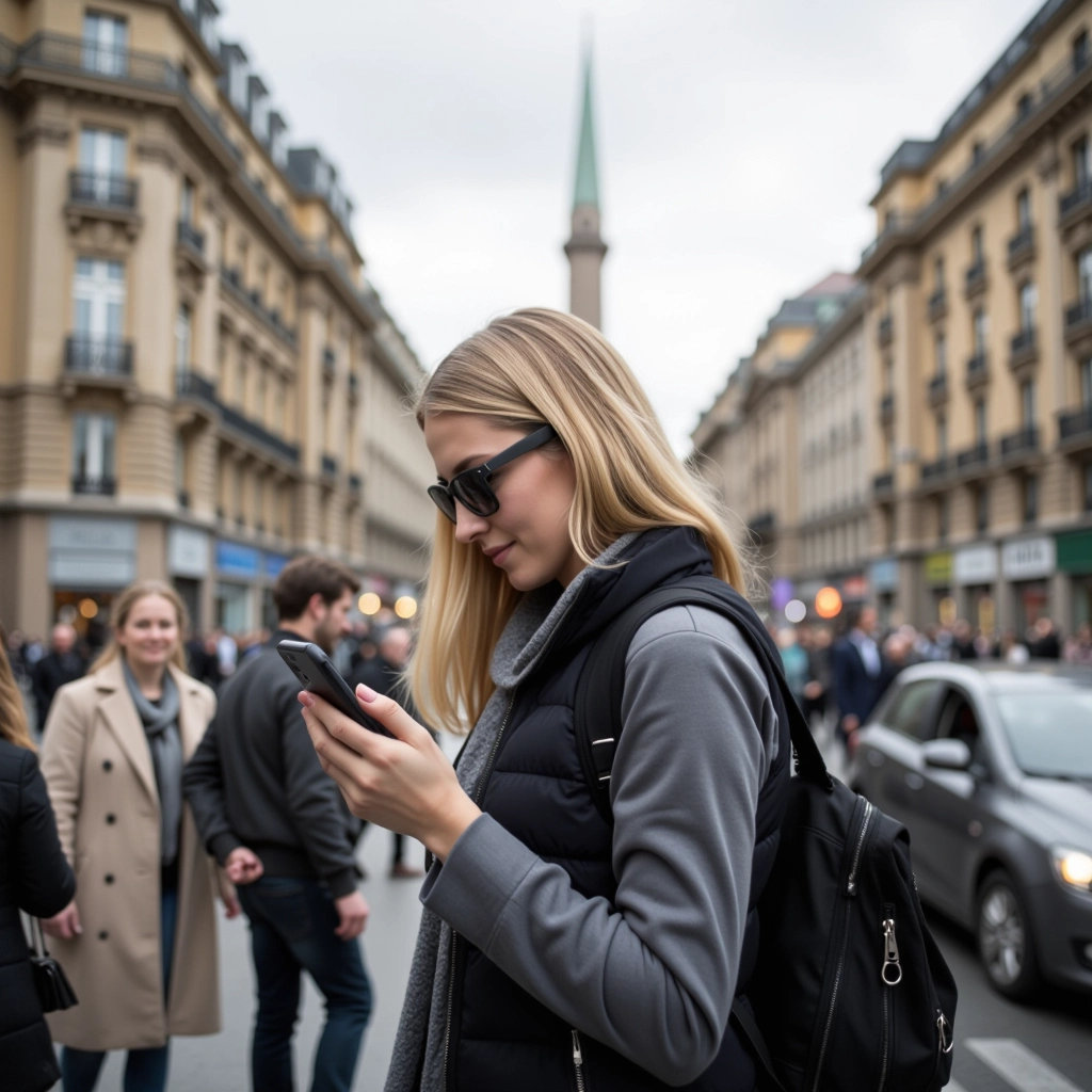 Woman using AlfaTrek by City Scroller to visit her favorite city